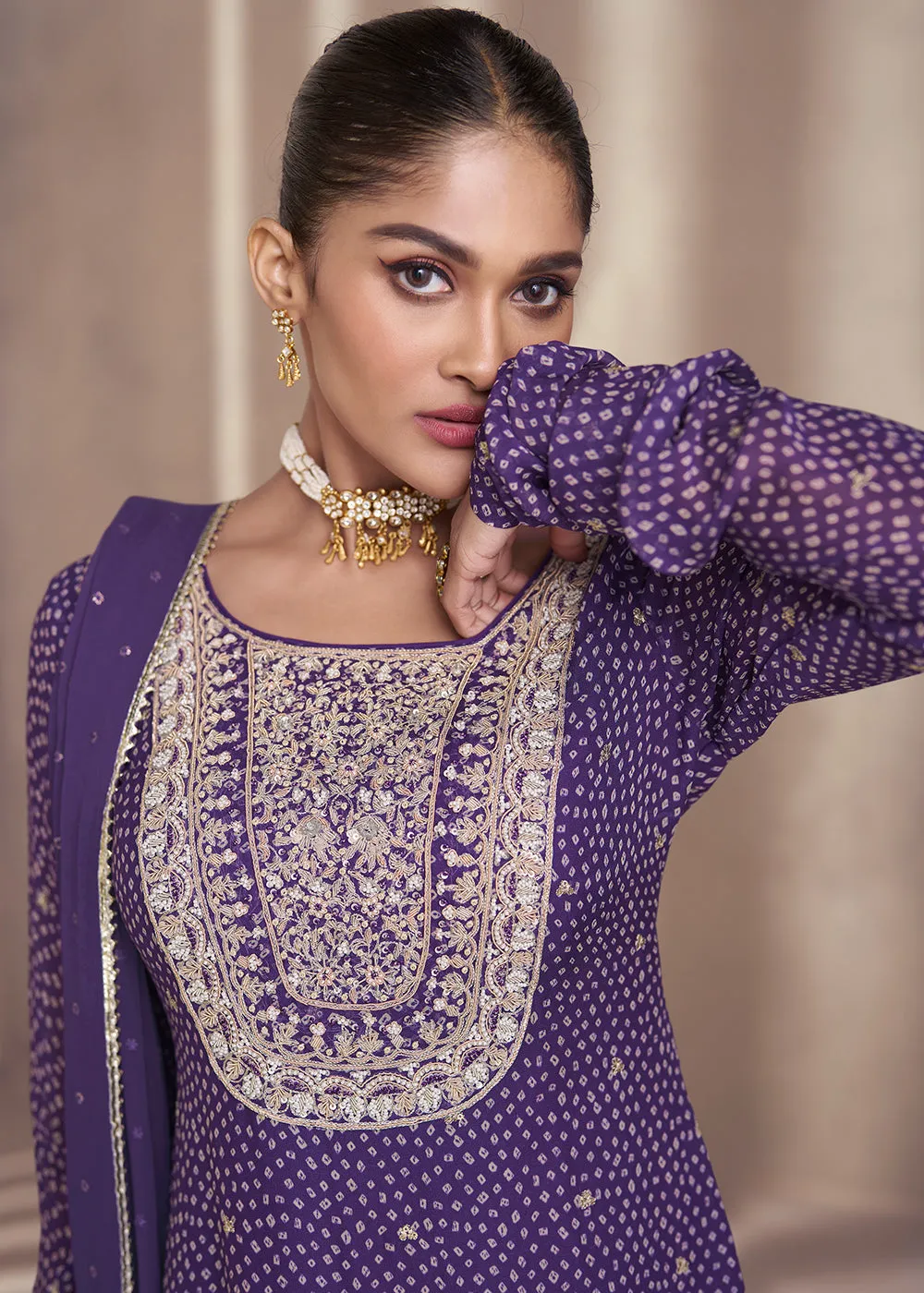 Purple Embroidered Georgette Designer Sharara Suit