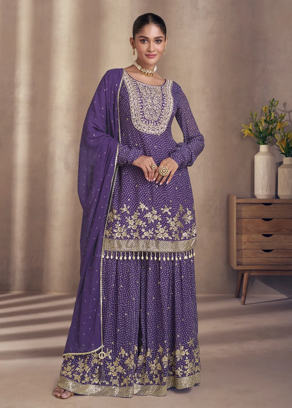 Purple Embroidered Georgette Designer Sharara Suit