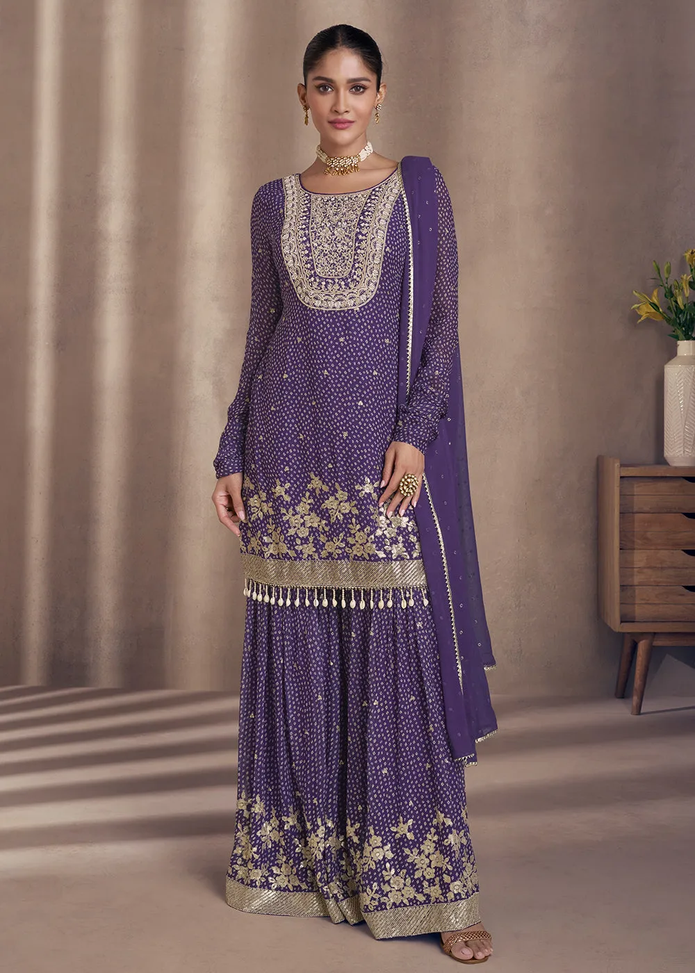 Purple Embroidered Georgette Designer Sharara Suit