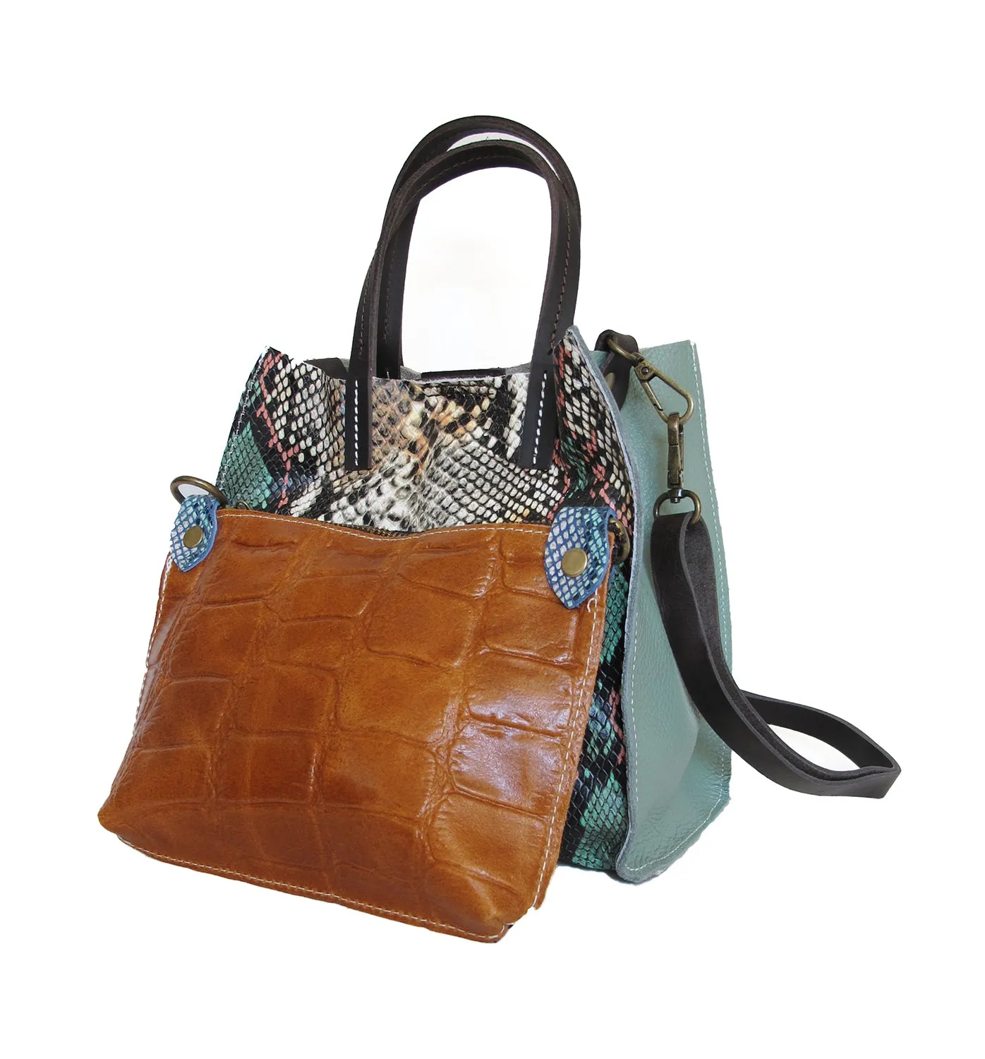 Python Print Multi-Color Leather Handbag Set Italian Crafted with Detachable Purse