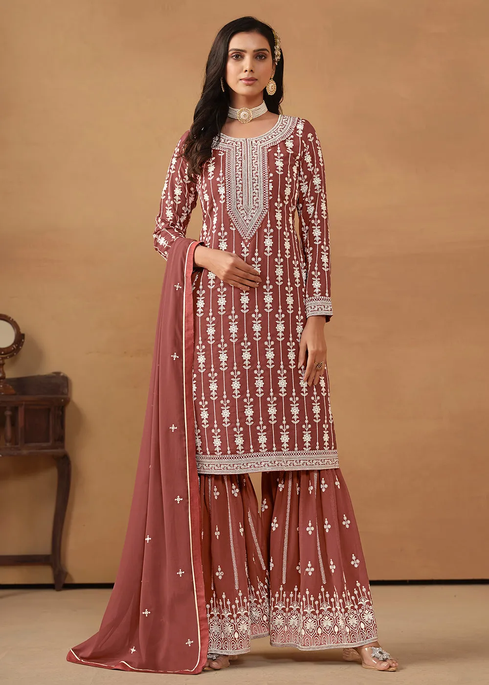 Radiant Brown Embroidered Wedding Festive Gharara Suit