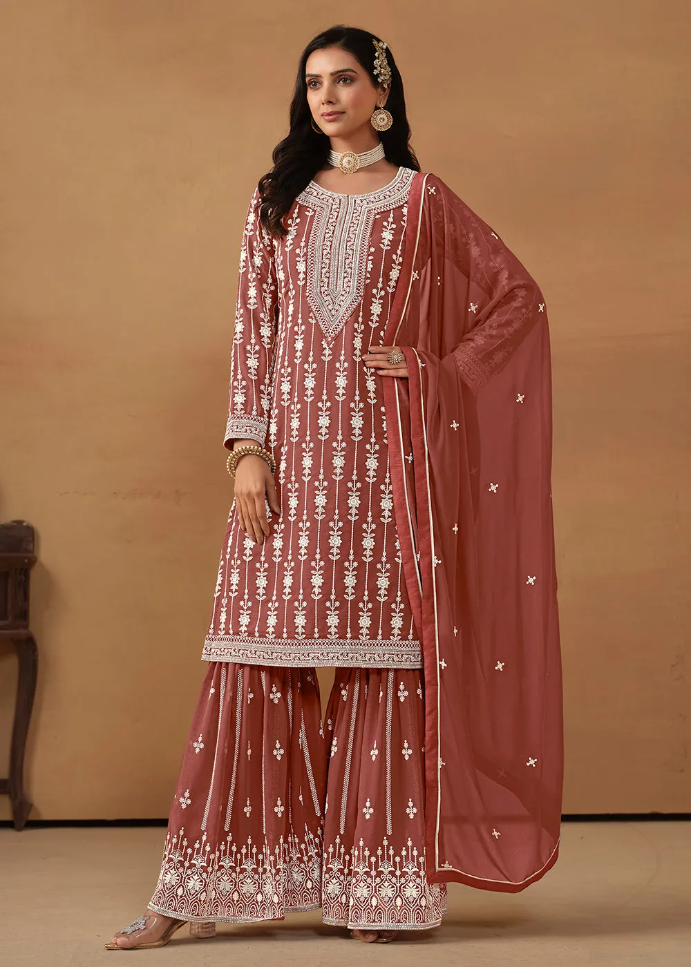 Radiant Brown Embroidered Wedding Festive Gharara Suit