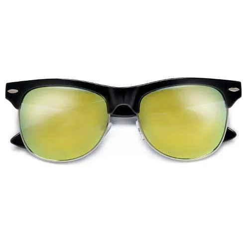 Retro Inspired Round Half Frame Colorful Reflective Lens Sunglasses