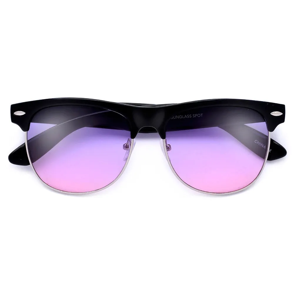 Retro Inspired Round Half Frame Colorful Reflective Lens Sunglasses