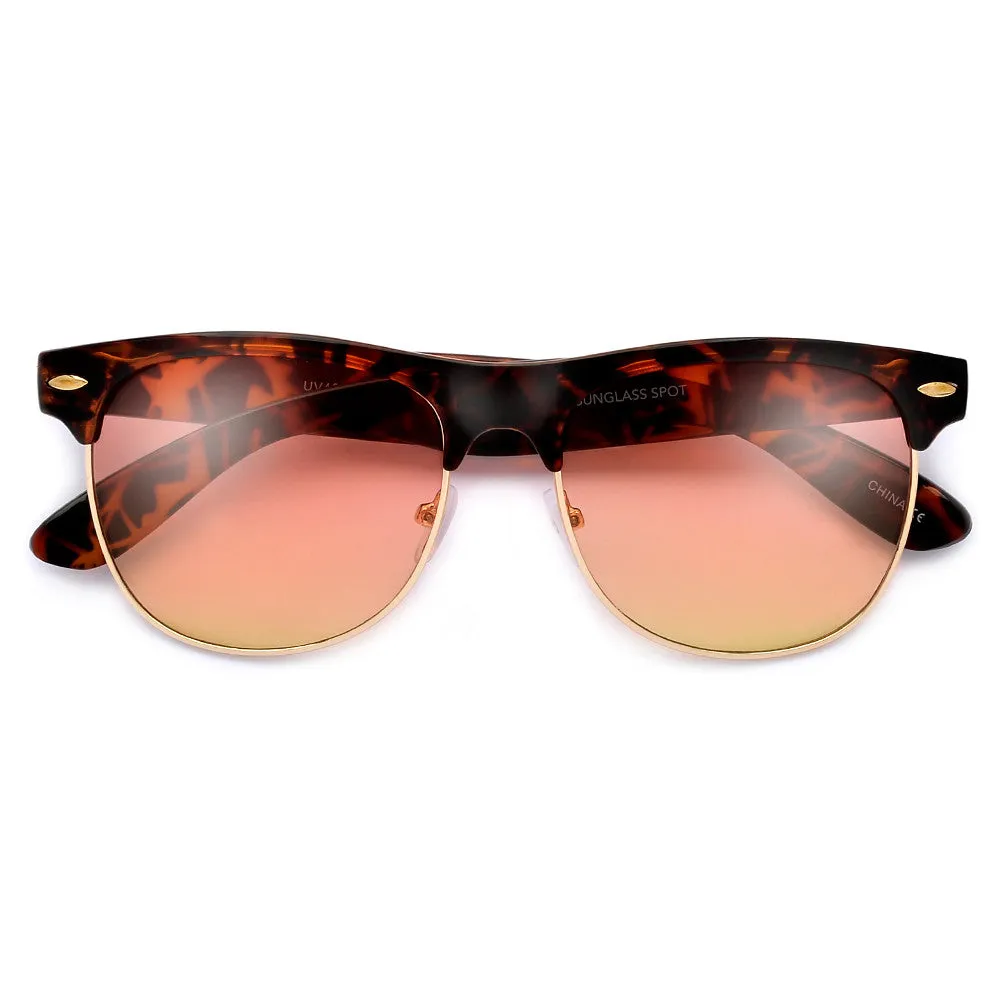 Retro Inspired Round Half Frame Colorful Reflective Lens Sunglasses