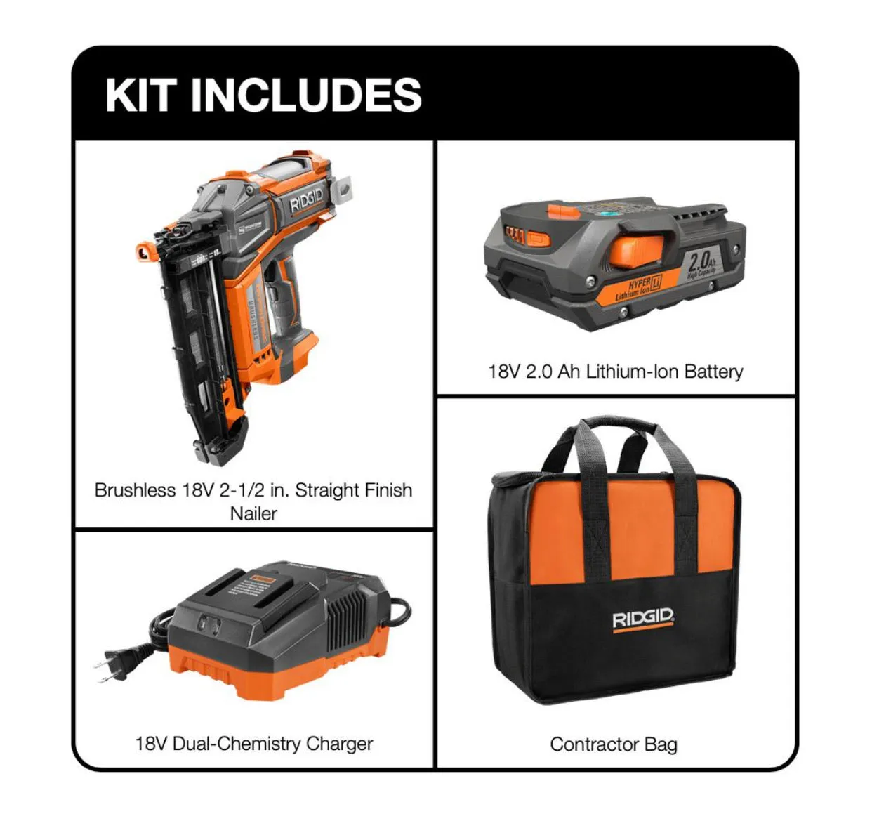 RIDGID 18-Volt Cordless Brushless HYPERDRIVE 16-Gauge 2-1/2 in Straight Finish Nailer, 2 Ah Battery, Charger, Belt Clip and Bag