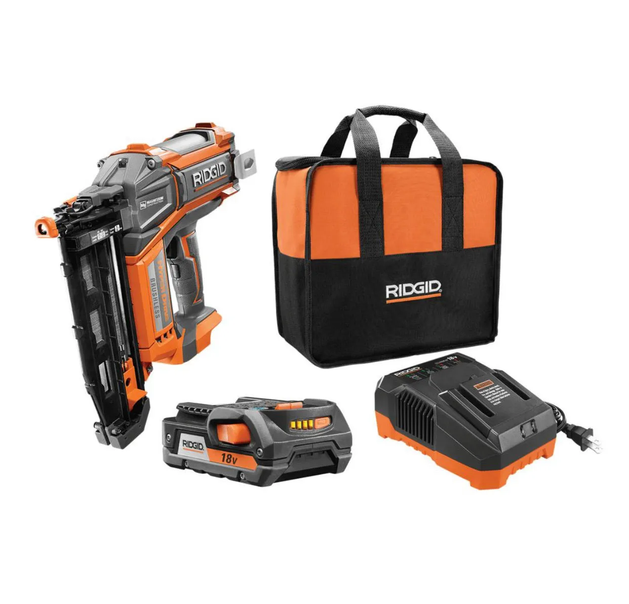 RIDGID 18-Volt Cordless Brushless HYPERDRIVE 16-Gauge 2-1/2 in Straight Finish Nailer, 2 Ah Battery, Charger, Belt Clip and Bag