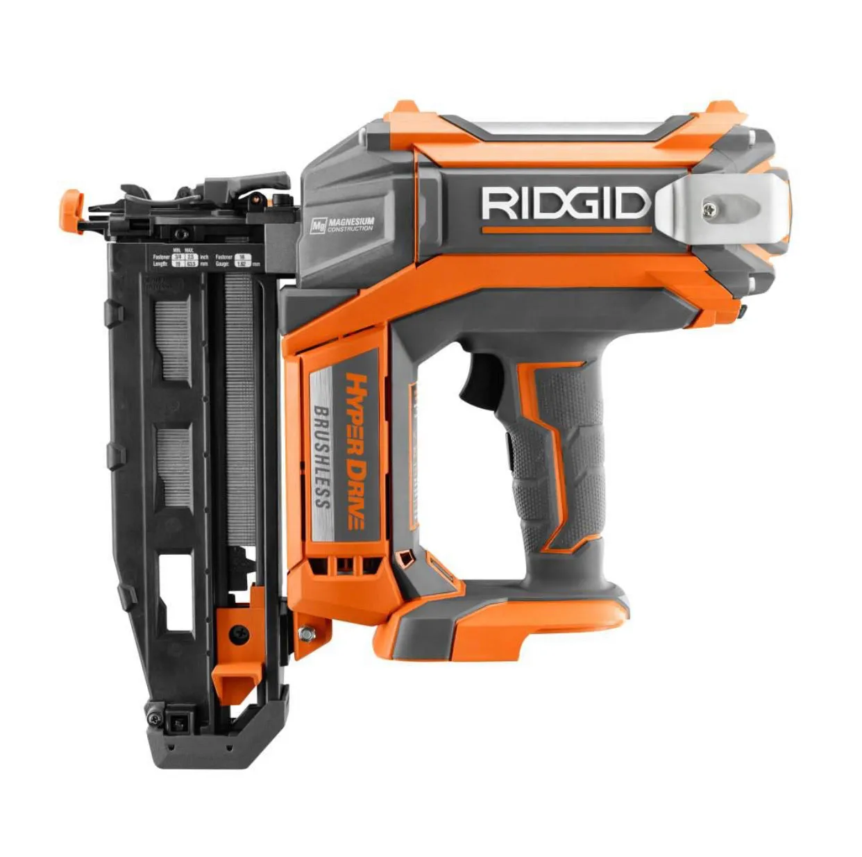 RIDGID 18-Volt Cordless Brushless HYPERDRIVE 16-Gauge 2-1/2 in Straight Finish Nailer, 2 Ah Battery, Charger, Belt Clip and Bag