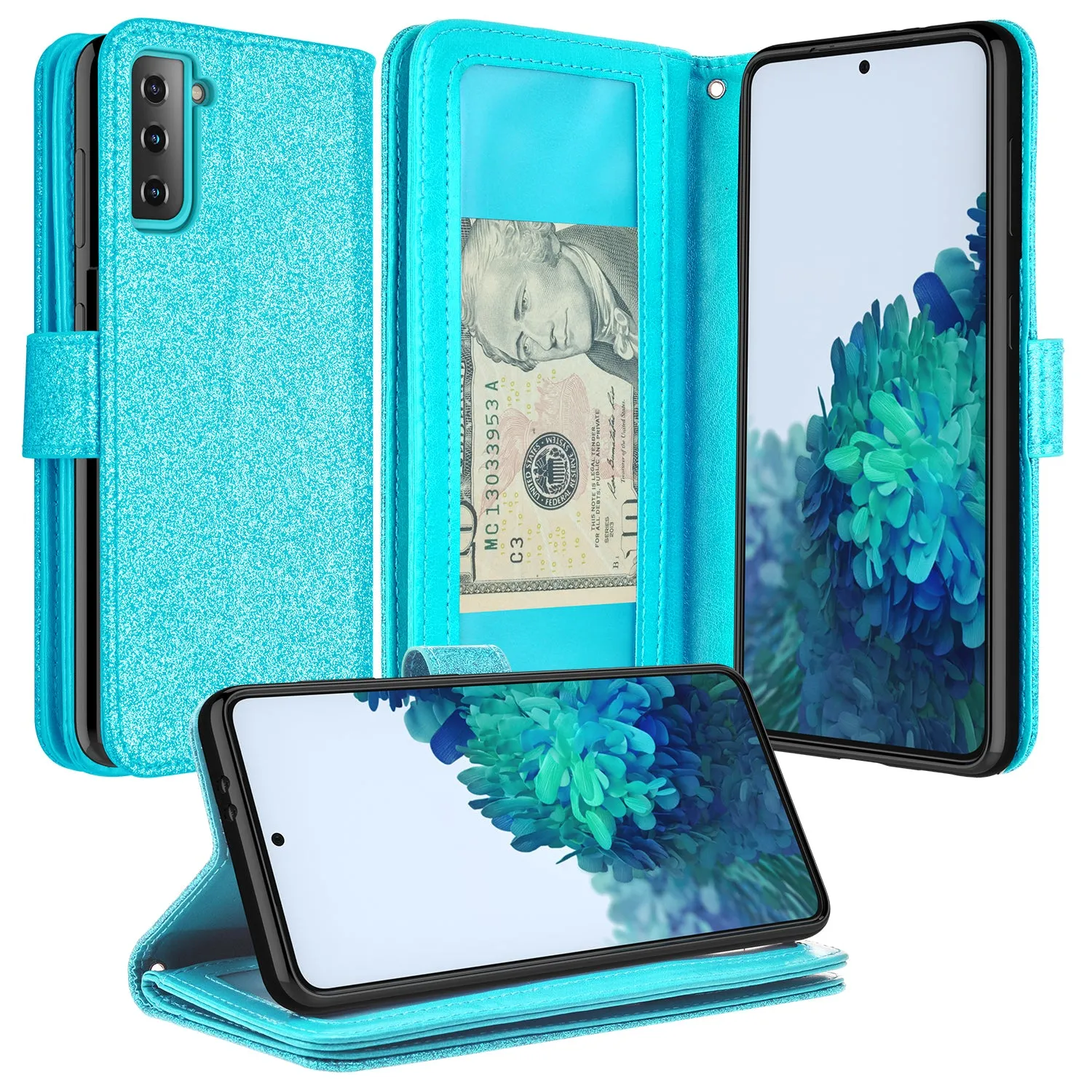 Samsung Galaxy S21 Case, Galaxy S21 Case, Glitter Faux Leather Flip Credit Card Holder Wrist Strap Shockproof Protective Wallet Case Clutch for Galaxy S21 - Teal