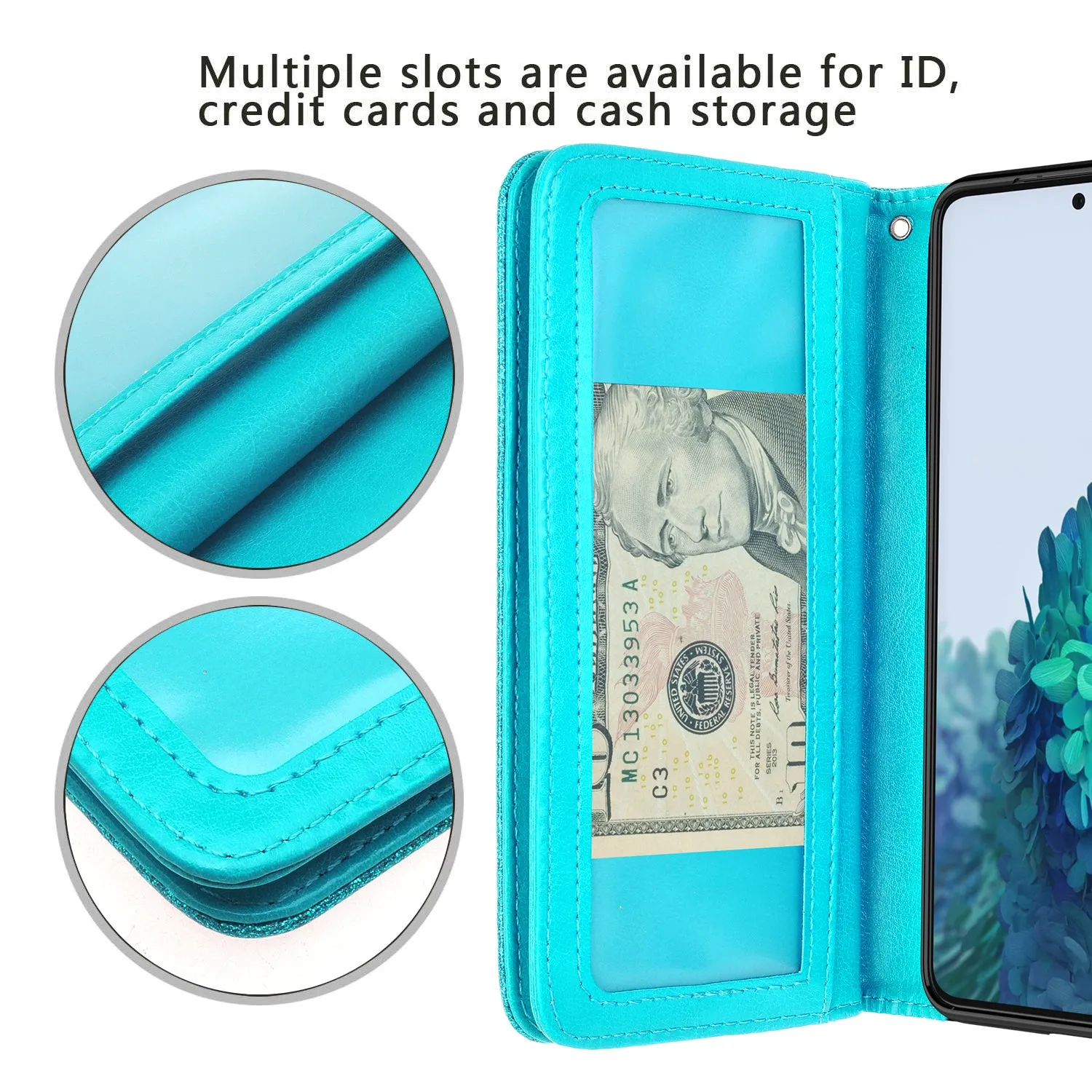 Samsung Galaxy S21 Case, Galaxy S21 Case, Glitter Faux Leather Flip Credit Card Holder Wrist Strap Shockproof Protective Wallet Case Clutch for Galaxy S21 - Teal