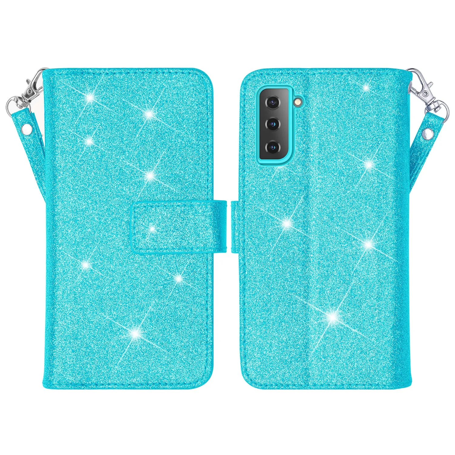 Samsung Galaxy S21 Case, Galaxy S21 Case, Glitter Faux Leather Flip Credit Card Holder Wrist Strap Shockproof Protective Wallet Case Clutch for Galaxy S21 - Teal