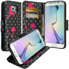 Samsung Galaxy S6 Edge Plus Case, Wrist Strap Magnetic Flip Fold[Kickstand] Pu Leather Wallet Case with ID & Card Slots - Polka Dots Hearts