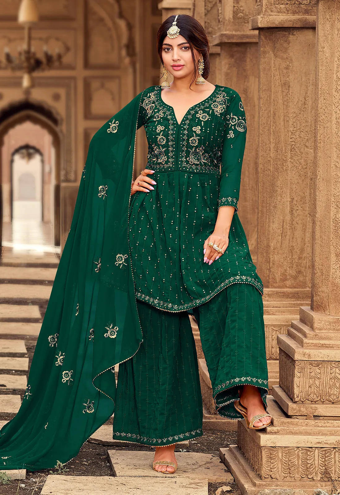 Sharara Set in Bottle Green Beautifully Embroidered Suit