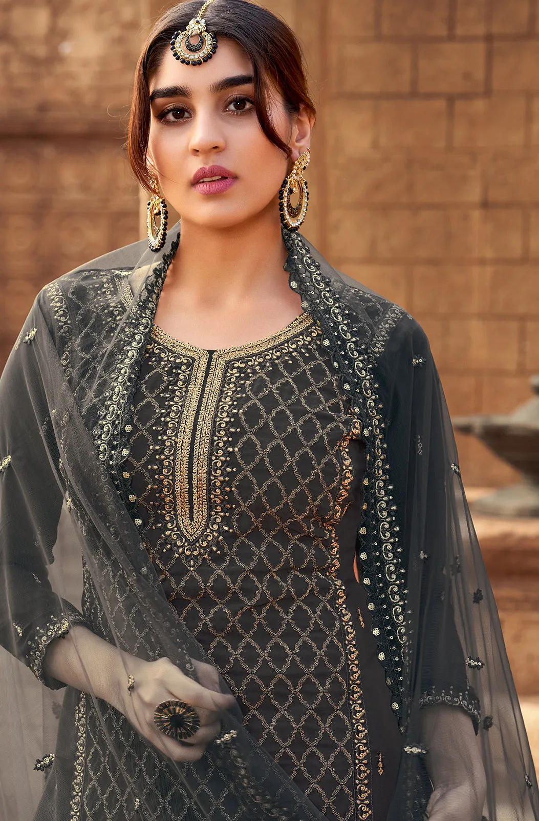 Sharara Set in Grey Beautifully Embroidered Suit