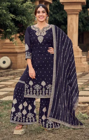 Sharara Set in Navy Blue Beautifully Embroidered Suit