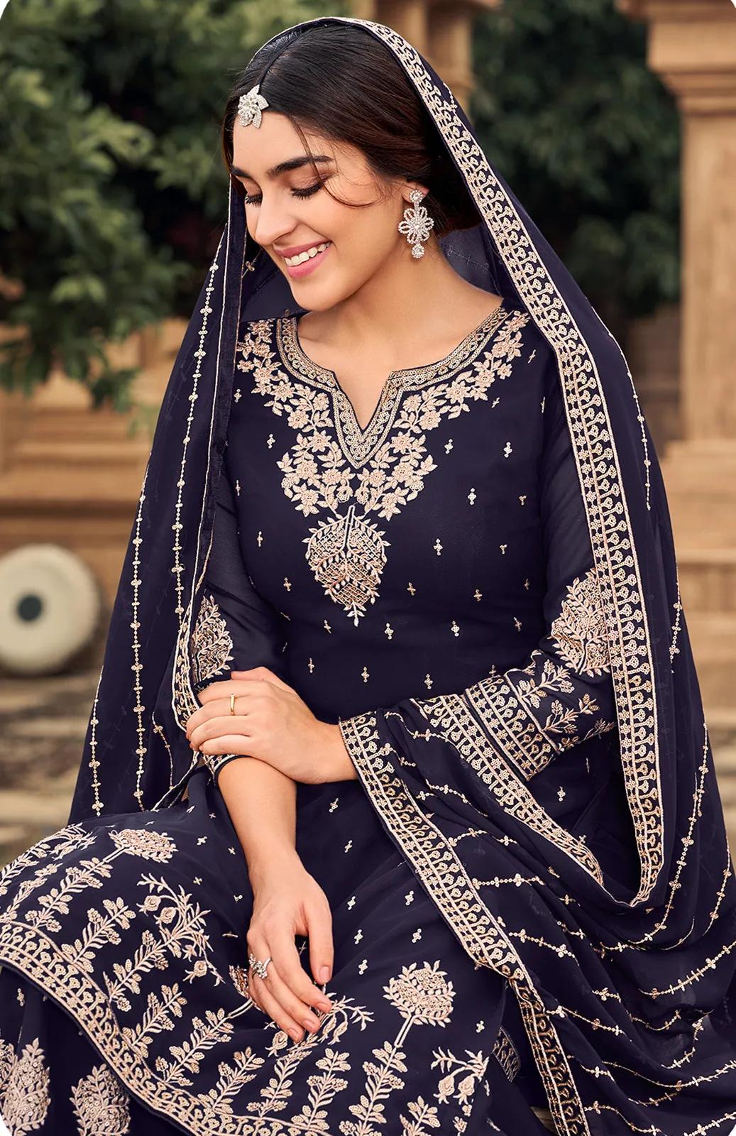 Sharara Set in Navy Blue Beautifully Embroidered Suit