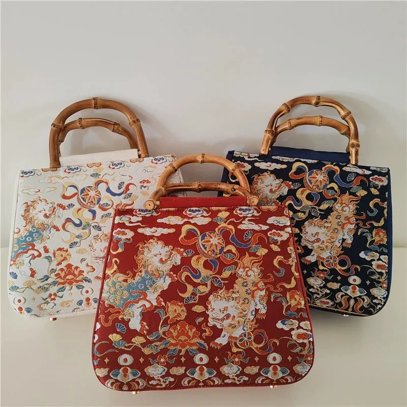 Shizi Xiqiu 狮子戏球 Playful Lions Bamboo Handle Brocade Bag