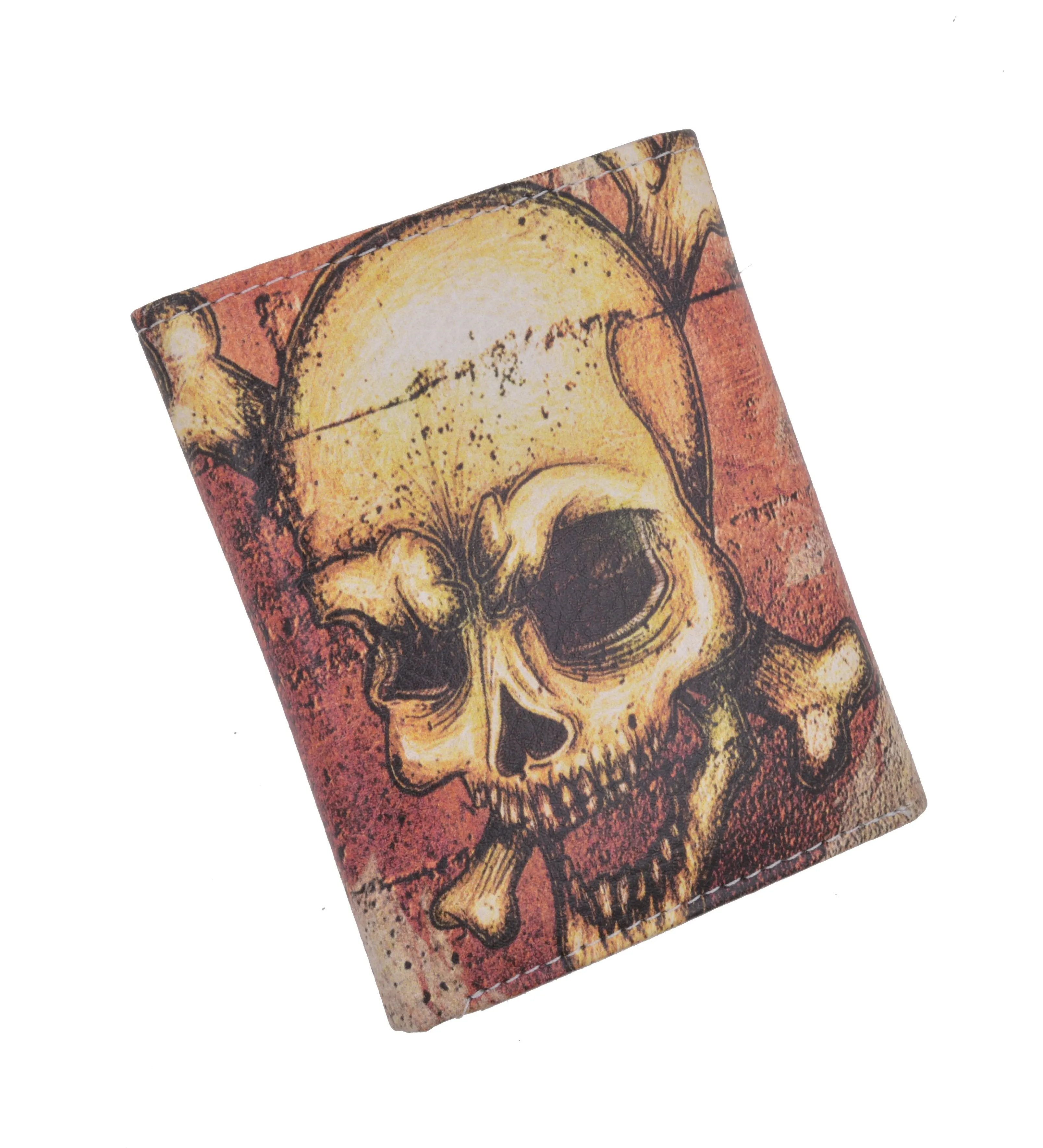 Skull Men's Genuine Leather Credit Card ID Holder Trifold Wallet with Middle Flap 1346-18