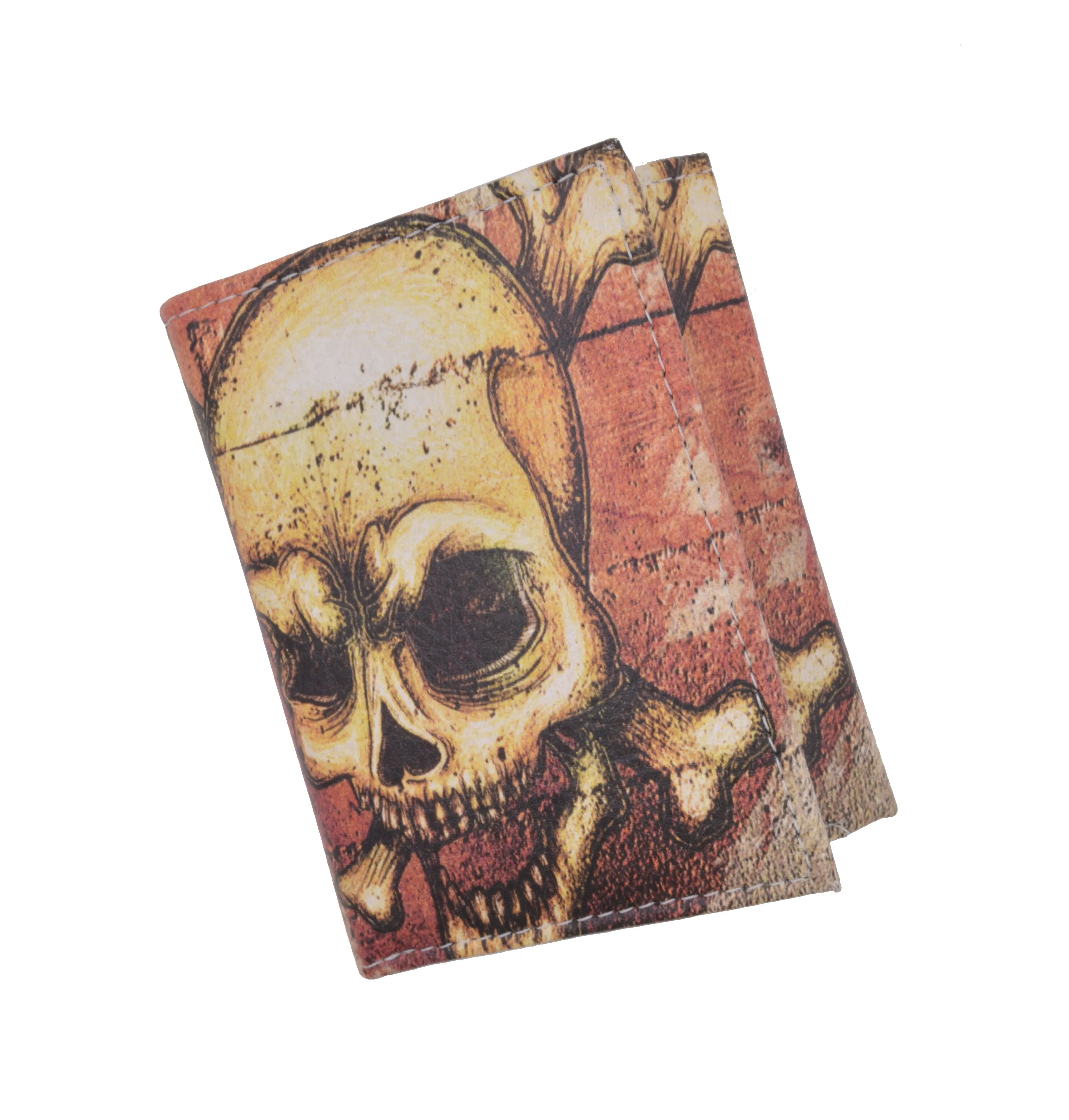 Skull Men's Genuine Leather Credit Card ID Holder Trifold Wallet with Middle Flap 1346-18