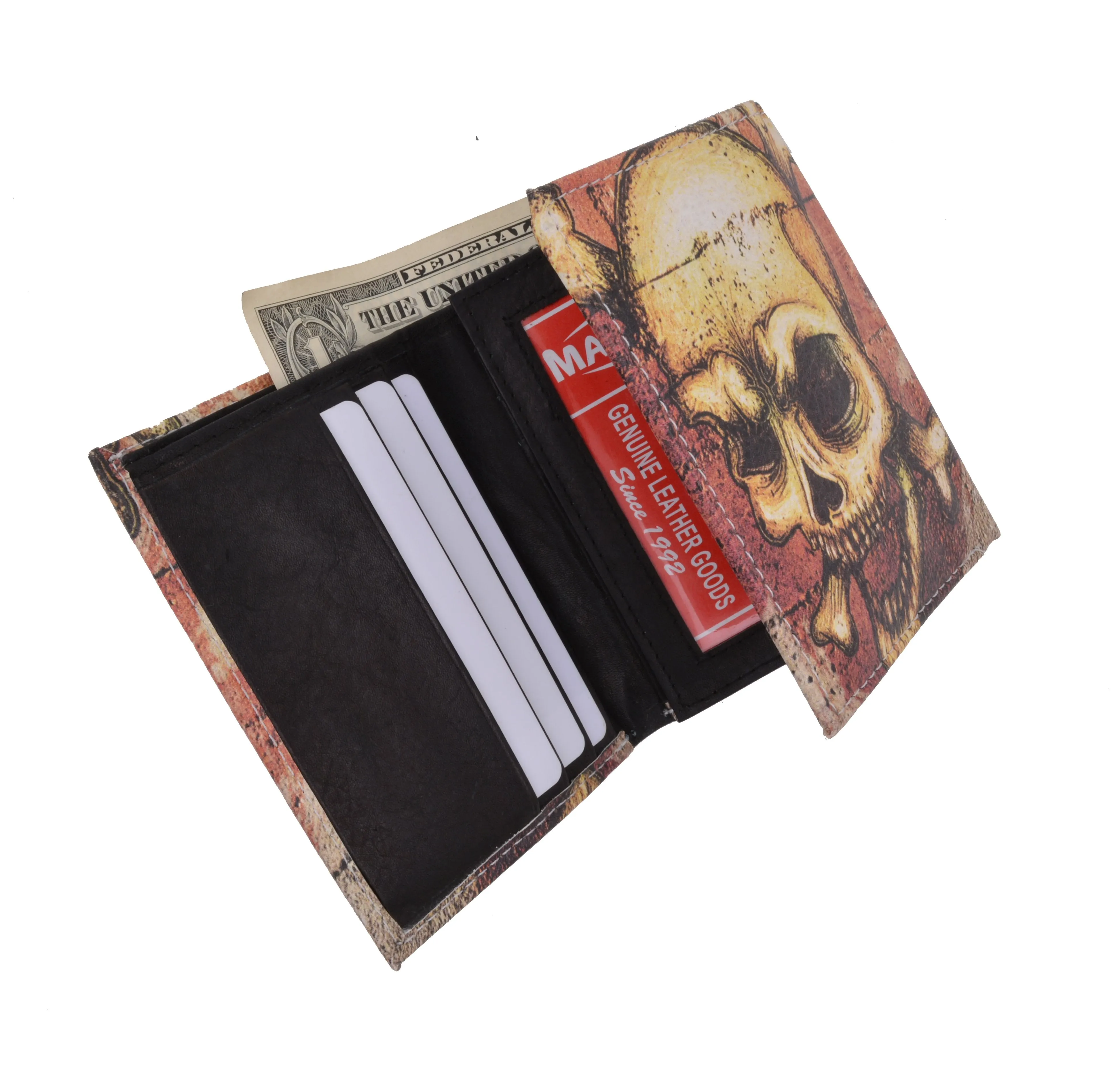 Skull Men's Genuine Leather Credit Card ID Holder Trifold Wallet with Middle Flap 1346-18