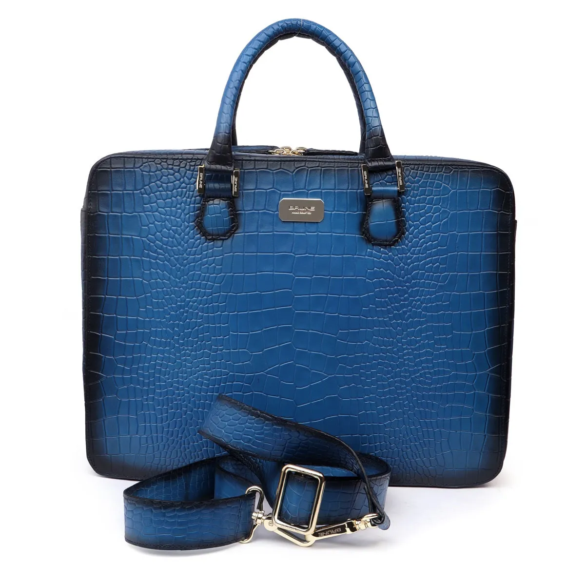 Sky Blue Office Briefcase in Deep Cut Croco Leather