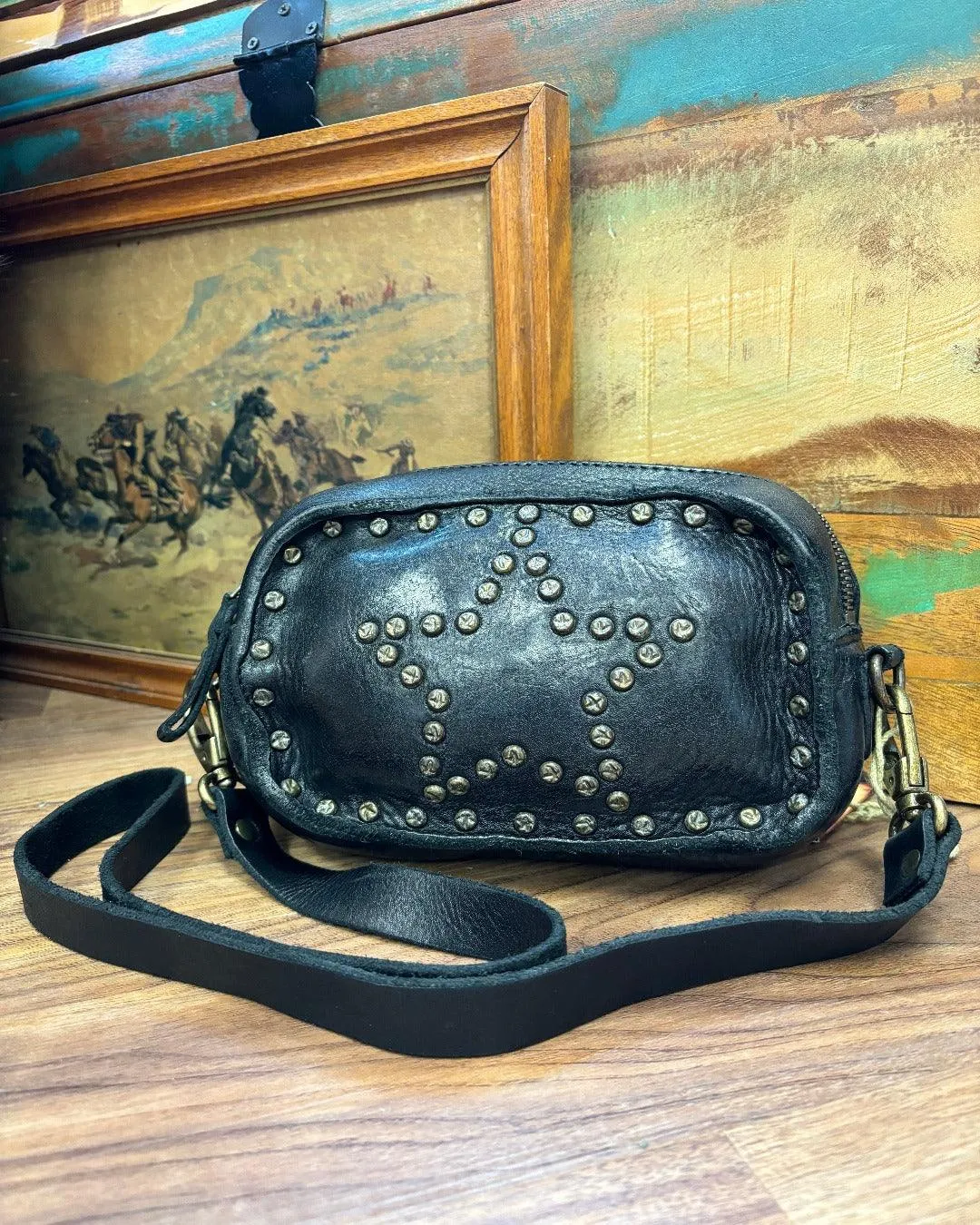 Spaghetti Western Black Star Stud Genuine Leather Crossbody Purse SWC166BLK