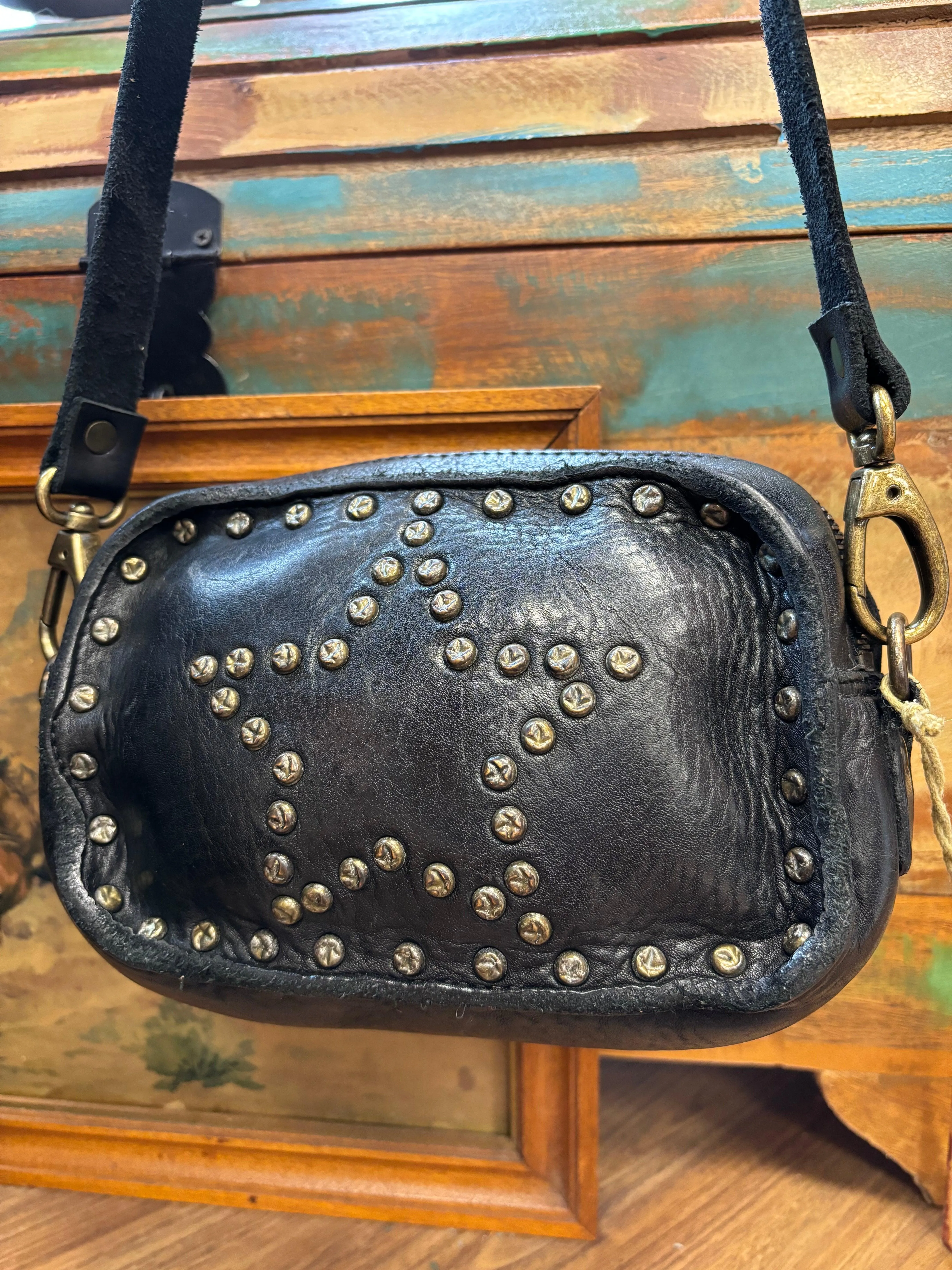 Spaghetti Western Black Star Stud Genuine Leather Crossbody Purse SWC166BLK