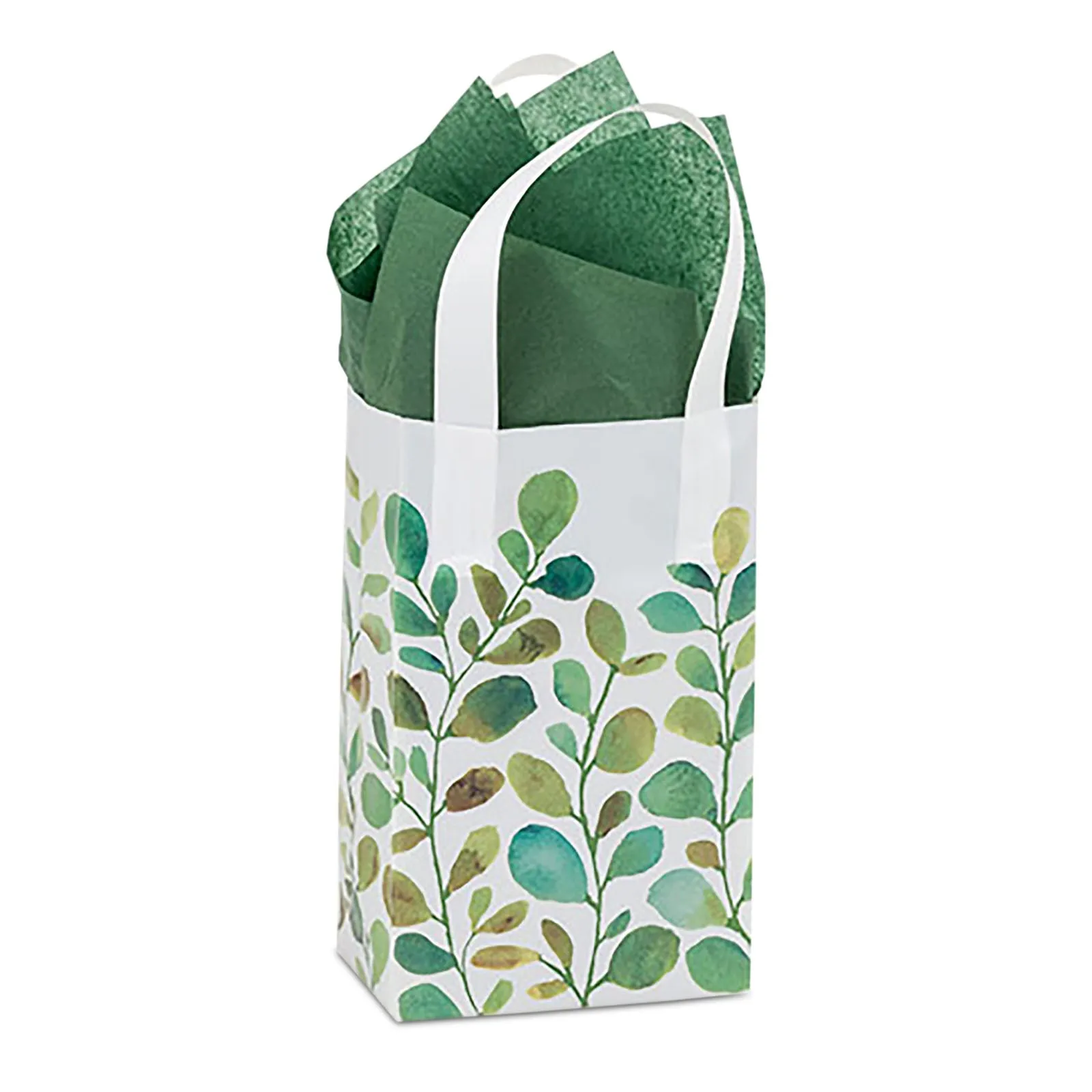 Spring Greenery Watercolor Green Leaf Plastic Gift Bags and Party Favor Bags, 5"x3"x8" (25 Pack)