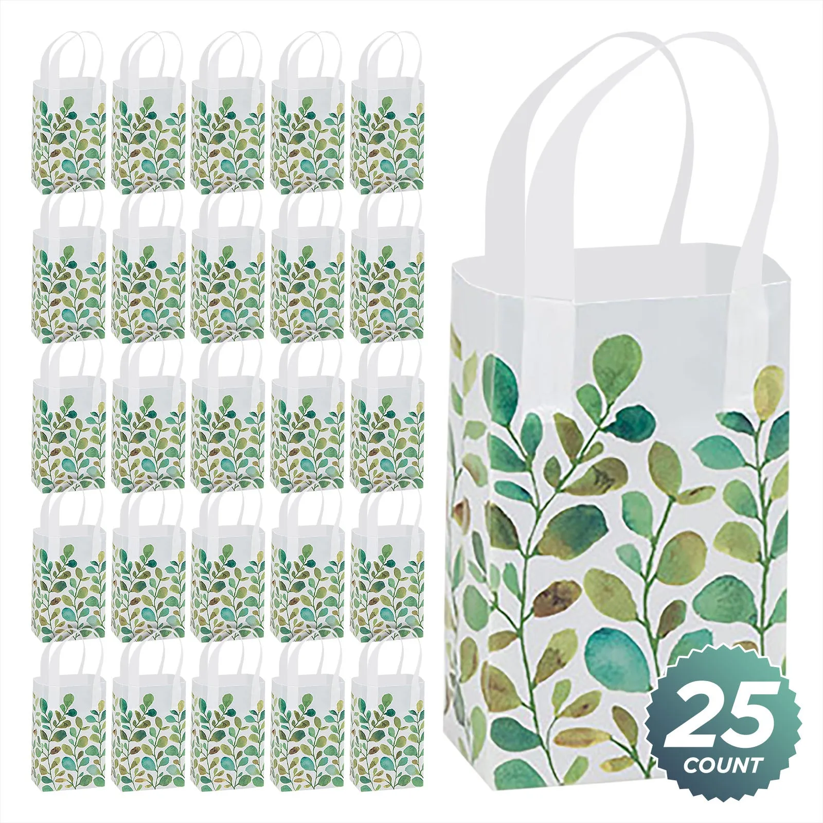 Spring Greenery Watercolor Green Leaf Plastic Gift Bags and Party Favor Bags, 5"x3"x8" (25 Pack)