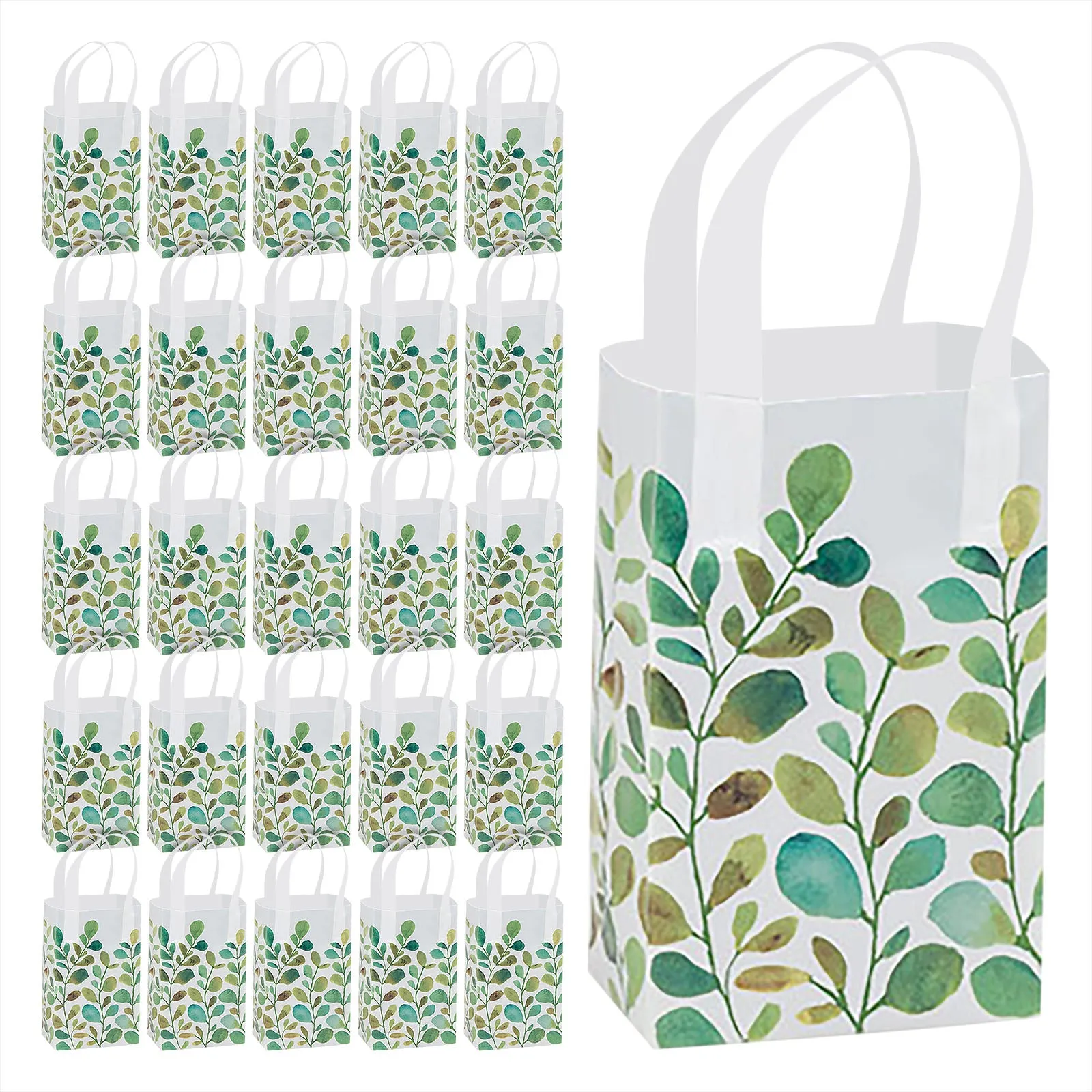 Spring Greenery Watercolor Green Leaf Plastic Gift Bags and Party Favor Bags, 5"x3"x8" (25 Pack)