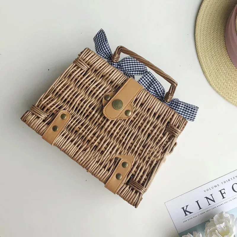 TAVIMART  -  New Handmade Bohemian Women's Handbags Summer Straw Beach Bag Square Rattan Bow Female Bags Fashion Designer Shopper Purse