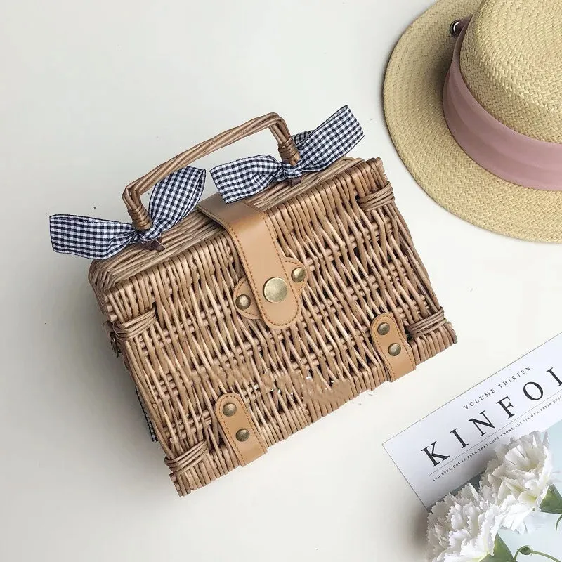 TAVIMART  -  New Handmade Bohemian Women's Handbags Summer Straw Beach Bag Square Rattan Bow Female Bags Fashion Designer Shopper Purse