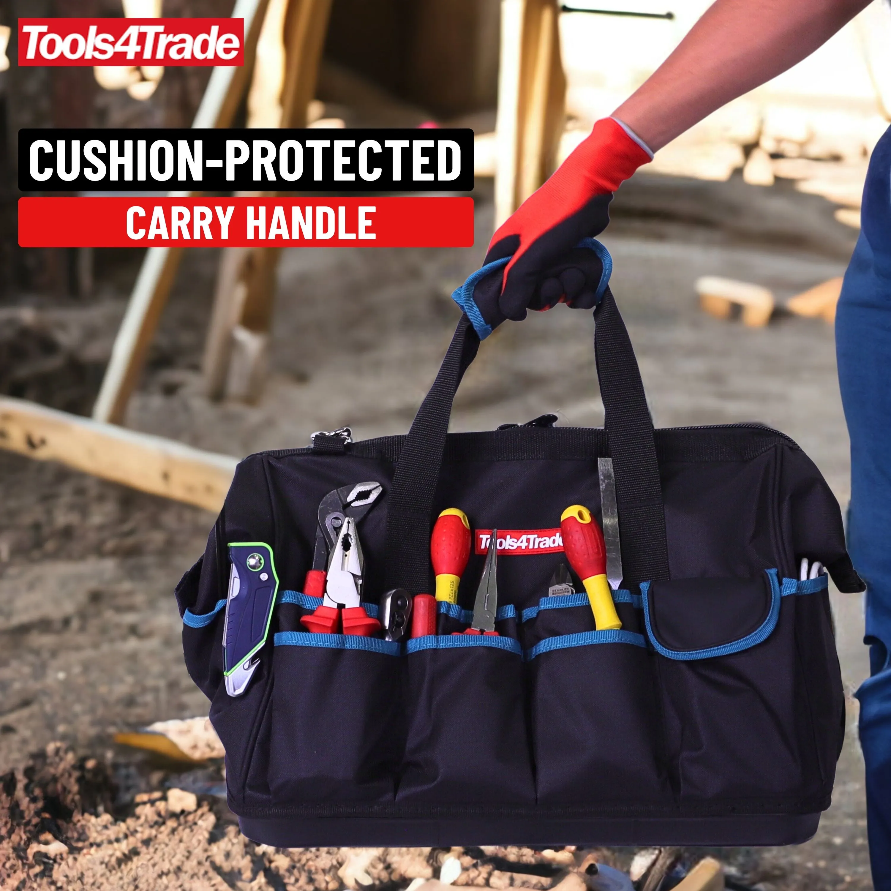 Tools4Trade 18" Tool Bag with Multi-Pockets & Hard Base - Blue