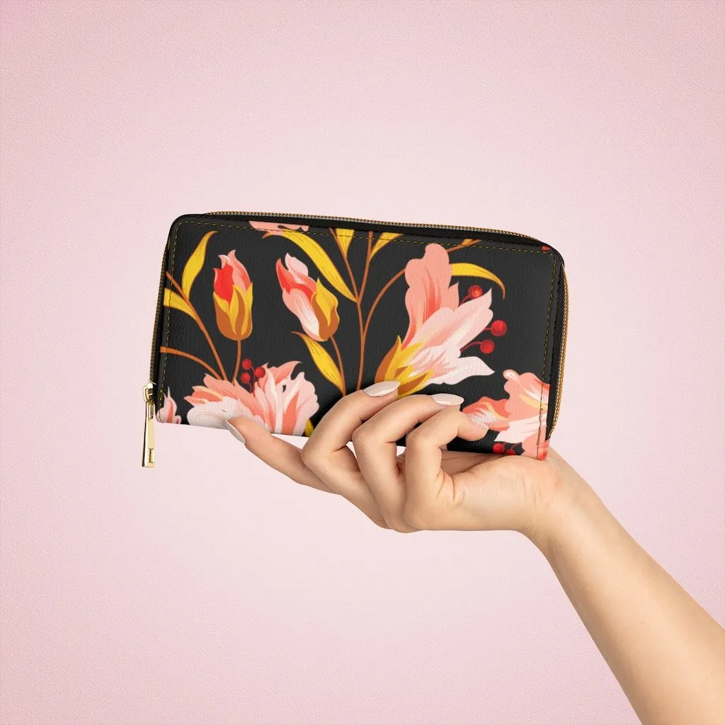 Wristlet Phone Wallet, Black and Pink Floral Style Purse